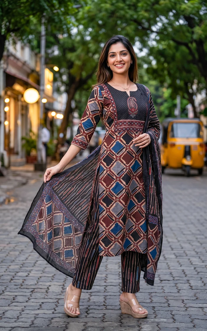 Earthy Tone Ajrakh-Style Printed Straight Salwar set